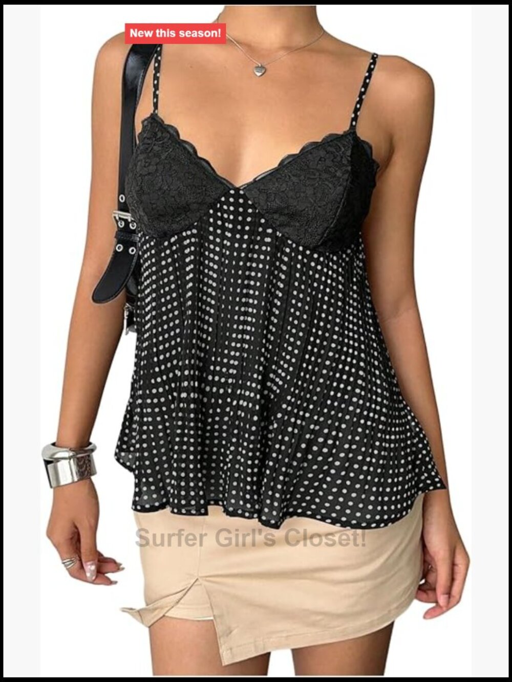 Women's Polka Dot Lace Cami Babydoll Top V-Neck Flowy Sleeveless